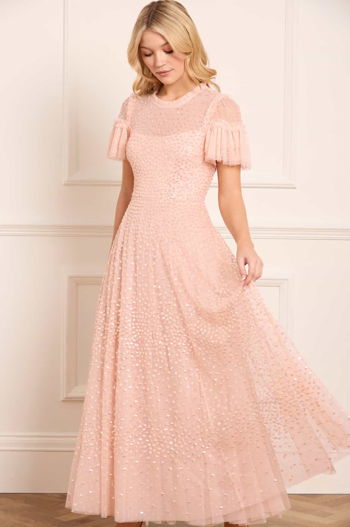 Scatter Dot Round Neck Short Sleeve Ankle Gown