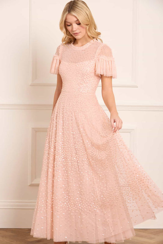 Scatter Dot Round Neck Short Sleeve Ankle Gown